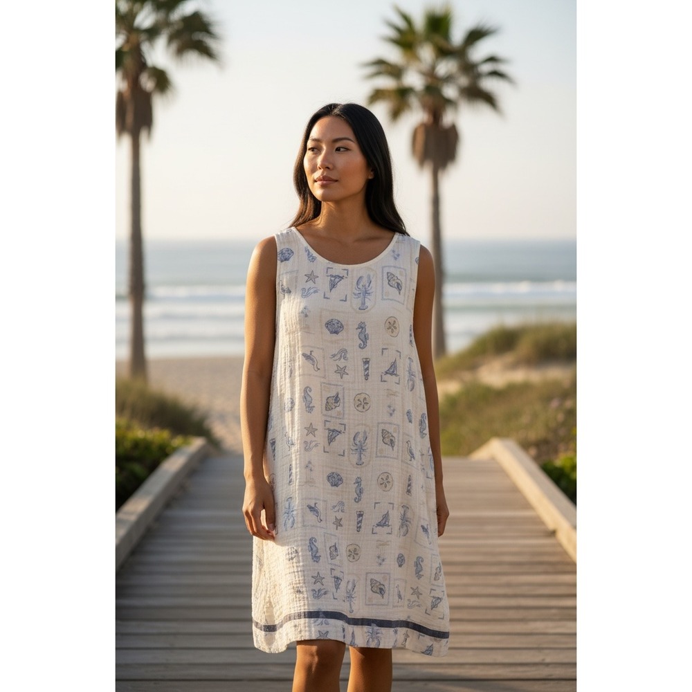 C&C California 100% Cotton Dress Coastal Gauze Shift Dress Nautical Sleeveless
